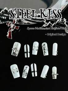 10片装手工朋克风亚克力美甲套装，包含短方形美甲片、黑色美甲片、可爱白色透明美甲片、撕裂设计美甲片和法式美甲片。完美融合十字架和星星元素，打造独具一格的朋克女孩风格。 - 彩色 - 查看 6