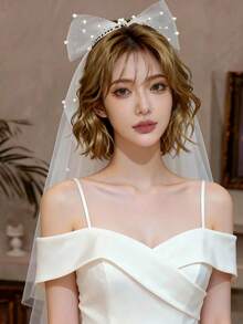 1件装女士白色优雅蝴蝶面纱，新娘婚礼头饰，情人节配饰 - 白色 - 查看 3