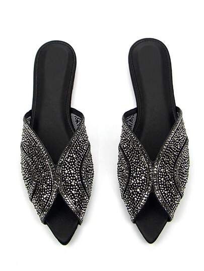 Women's Glamorous Rhinestone Mesh Hollow Decor Black Satin Material Fashion Pointed Toe Comfortable Flat Mule Sandals For Daily Wear And Party