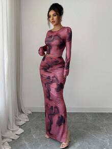 2pcs/Set Women's Fashion Round Neck Elegant Tight Asymmetrical Tie Dye Pattern Long Sleeve T-Shirt, Tight Fitting Tie Dye Pattern Maxi Skirt Set