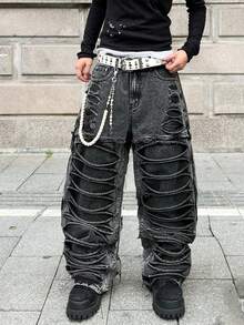 1 pezzo Jeans larghi stile di strada americano uomo, stile casual e comodo, moda casual di alta strada, versatile per tutte le stagioni (cintura e accessori non inclusi) - nero - Visualizzare 2