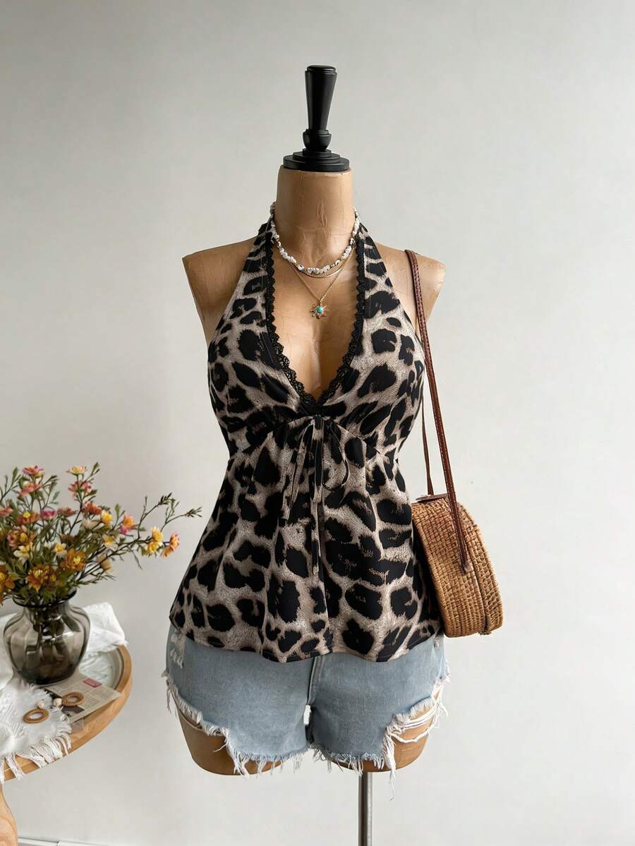 Rusttydustty Women's V-Neck Backless Camisole, Casual Leopard Print Vacation Top, Bohemian Style, Suitable For New Year, Valentine's Day And Other Occasions - Multicolor - View 1