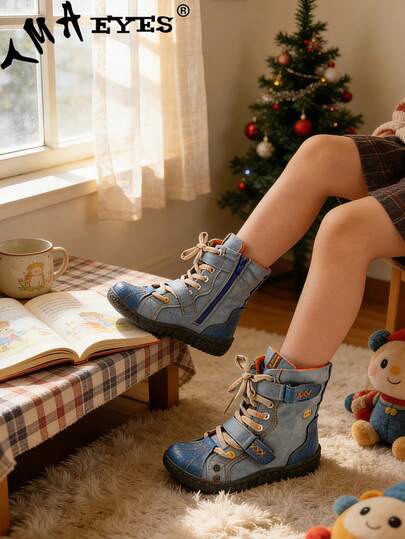 1 Pair TMA EYES Winter Fashion Solid Color Button Decor Round Toe Flat Comfortable Women Short Boots, Side Zipper Lace-Up, Thick Warm Non-Slip Suitable For Indoor, Outdoor, Walking, Commuting, Sports, Adventure, Christmas Gift, Women Snow Boots