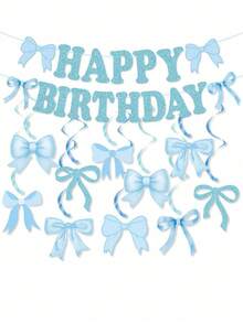 蓝色蝴蝶结生日派对装饰，蝴蝶结生日横幅，蝴蝶结派对悬挂装饰套装，女士蝴蝶结生日装饰，蝴蝶结派对装饰，新娘送礼会用品 - 藍色 - 查看 2