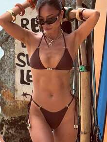 2pcs Sexy Solid Coffee Brown Pearl Decor Halter Backless Top And Tie-Up Triangle Bottom Swimwear, Summer Beach Vacation - Brown - View 4