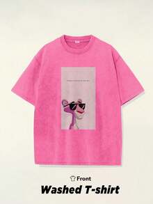 1 PCS Double-Sided Panther Wearing Sunglasses Graphic. Men's Washed And Distressed Short-Sleeved T-Shirts, 230g 100% Pure Cotton, Men's Summer Clothing. - 粉色 - 查看 1