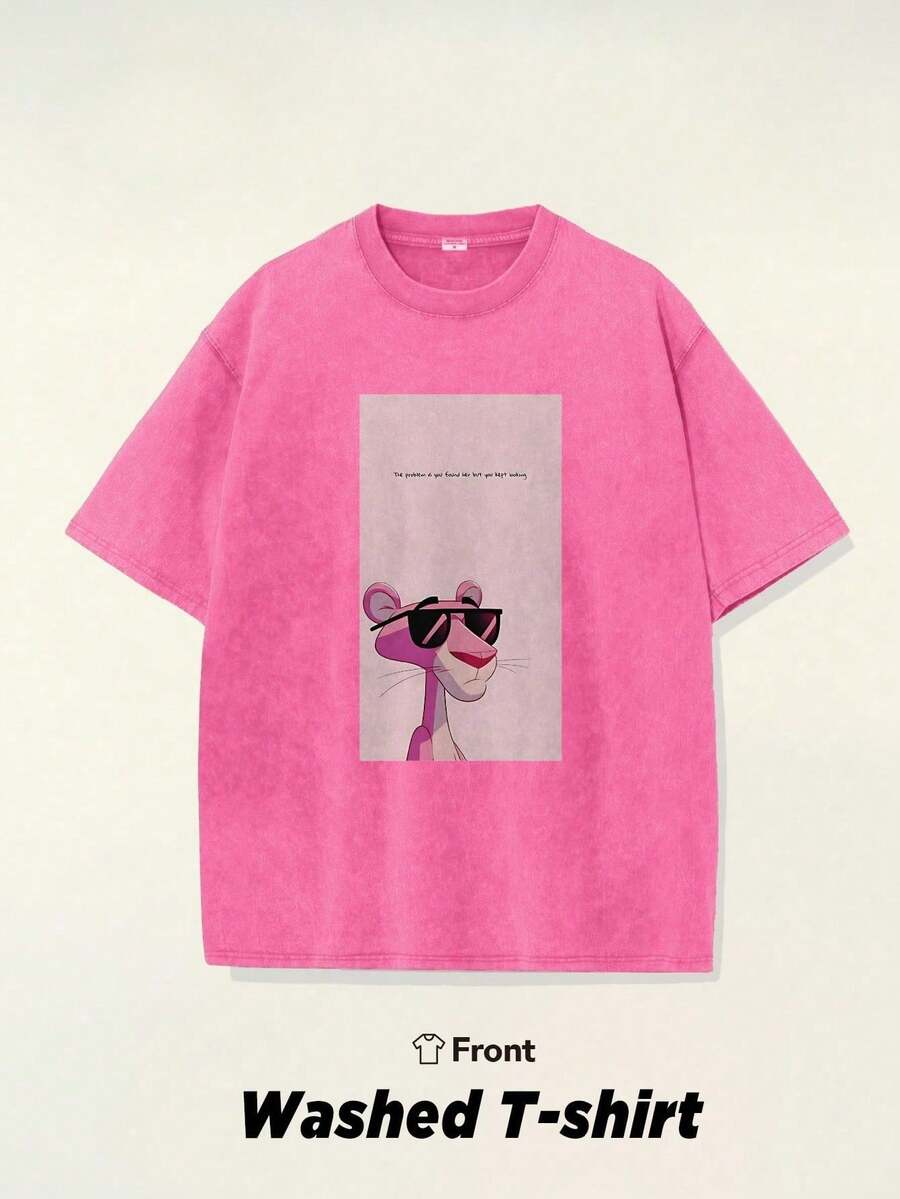 1 PCS Double-Sided Panther Wearing Sunglasses Graphic. Men's Washed And Distressed Short-Sleeved T-Shirts, 230g 100% Pure Cotton, Men's Summer Clothing. - 粉色 - 查看 1