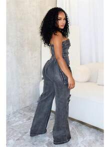 Women's Denim Jumpsuit Women's Fashion Spice Girl Tube Top Multi-Pocket Overalls - 黑色 - 查看 5