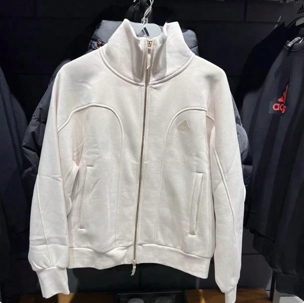 Adidas Chaqueta deportiva con cremallera de manga larga con ribete de contraste, moda de cuello alto de punto