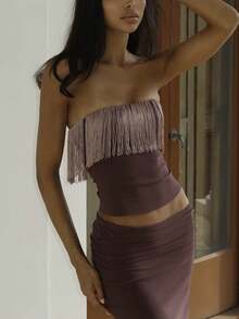 Women Fringe Tube Tops Strapless Tassel Bandeau Crop Tops Summer  Going Out Tops Streetwear - nâu sẫm - Xem 6