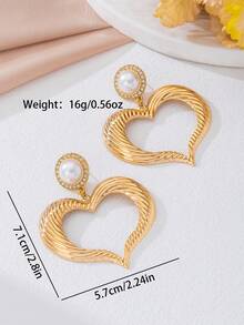 1 Đôi bông tai hình trái tim đính đá và ngọc trai giả, thích hợp cho các bữa tiệc, họp mặt, đeo hàng ngày, là món quà đa năng dành cho phái nữ. - Vàng - Xem 2