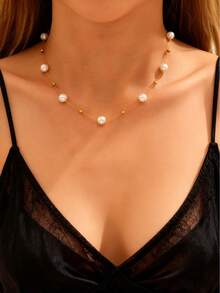 1pc Copper Beaded Necklace, Suitable For Daily Wear And Holiday Gifts For Friends - Gold - View 1