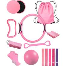 15 en 1 Pilates Kit Kit de Pilates con Pelota de Yoga Anillo Bandas de Resistencia Correa de Estiramiento Discos Deslizantes Calcetines Bolsa de Gimna Ideal para Yoga y Fitness - Rosa - Ver 1