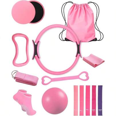 15 en 1 Pilates Kit Kit de Pilates con Pelota de Yoga Anillo Bandas de Resistencia Correa de Estiramiento Discos Deslizantes Calcetines Bolsa de Gimna Ideal para Yoga y Fitness