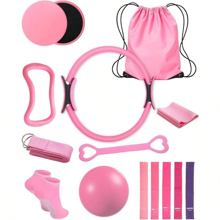 15 en 1 Pilates Kit Kit de Pilates con Pelota de Yoga Anillo Bandas de Resistencia Correa de Estiramiento Discos Deslizantes Calcetines Bolsa de Gimna Ideal para Yoga y Fitness - Rosa - Ver 1