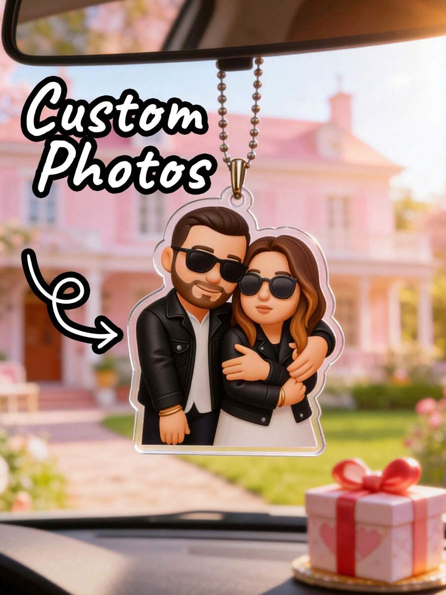 Personalized Cartoon Photo Car Pendant, Customized Anime Style Pet/Couple/Family Portrait Rearview Mirror Hanging Ornament, Cute Car Accessories, Customizable Text, Perfect Personalized Gift For Christmas, Birthday, Valentine's Day, New Car Owner, Anniversary, New Year And Other Holidays - Multicolor - View 1