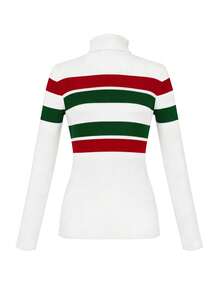 ii Women's High Neck Raglan Sleeve Fitted Striped Knit Pullover Sweater - White - View 3
