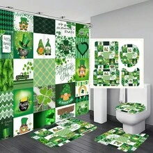 1pc/4pcs St. Patrick's Day Themed Bathroom Set, St. Patrick's Day Leprechaun/Clover/Plaid Shower Curtain Set, Bathroom Divider Curtain With Hooks, Anti-Slip Bathroom Mat Carpet, U-Shaped Toilet Mat, Toilet Seat Cover, Holiday Party Home Bathroom Accessories 4-Piece Curtain Set - Multicolor - View 2