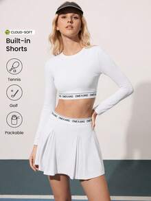 1 Set Women's White Tennis Shirt With Letter Tape Crop Top + Pleated Skirt, Showcasing Sweet & Cool Vibes, Casual & Relaxed Fashion