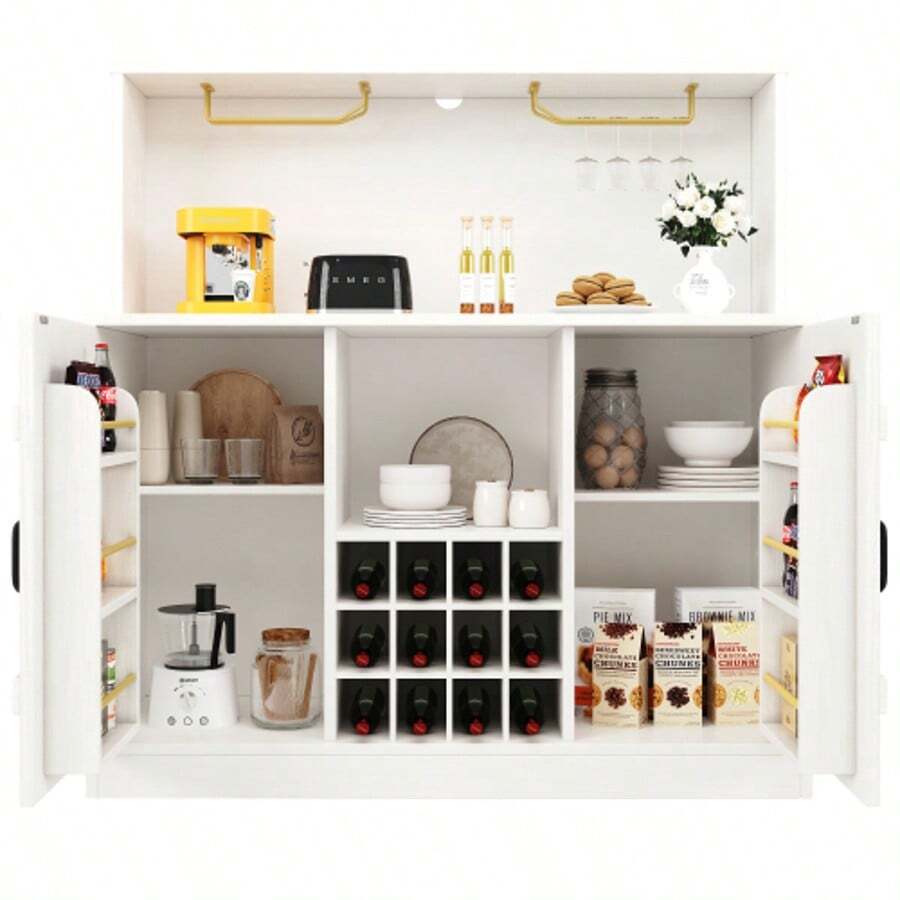 Sideboard (120 X 40 X 120 Cm), Modern Minimalist Design, Elegant Holzmaserung, Weinglasregal, Mehrschichtiger Stauraum, Elegantes White Mit Schwarzem Dekor, Trennwand - White - View 1