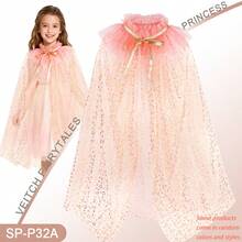 Kids Costume Play Toy Sequin Cape Necklace Ring Crown Wand Set, Sequin Cloak Cape Veil Suitable For Birthday Party Holiday Christmas New Year Gift