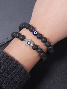YAUKIA 邪恶之眼天然黑玛瑙珠弹力男女通用手链力量保护勇气 - 6 毫米简约精致堆叠手链珠宝 - 黑色 - 查看 7