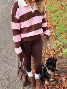 Suéter holgado de cuello alto de manga larga con rayas, estilo callejero, para mujer, primavera/otoño - Púrpura malva - Ver 4