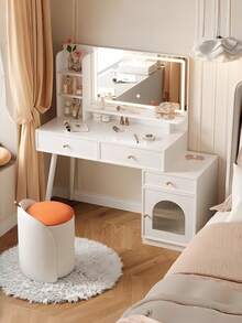 Modern Minimalist White Dressing Table With LED Mirror, Stool Not Included.