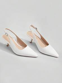 Athlefit Low Kitten Heel Pumps Pointed Toe Slingback Dress Shoes Women Wedding Office Work Closed Toe - 白色 - 查看 2