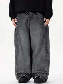 Vintage-gewaschene, locker geschnittene Straight-Leg Herren Jeans - Grau - Übersicht 1