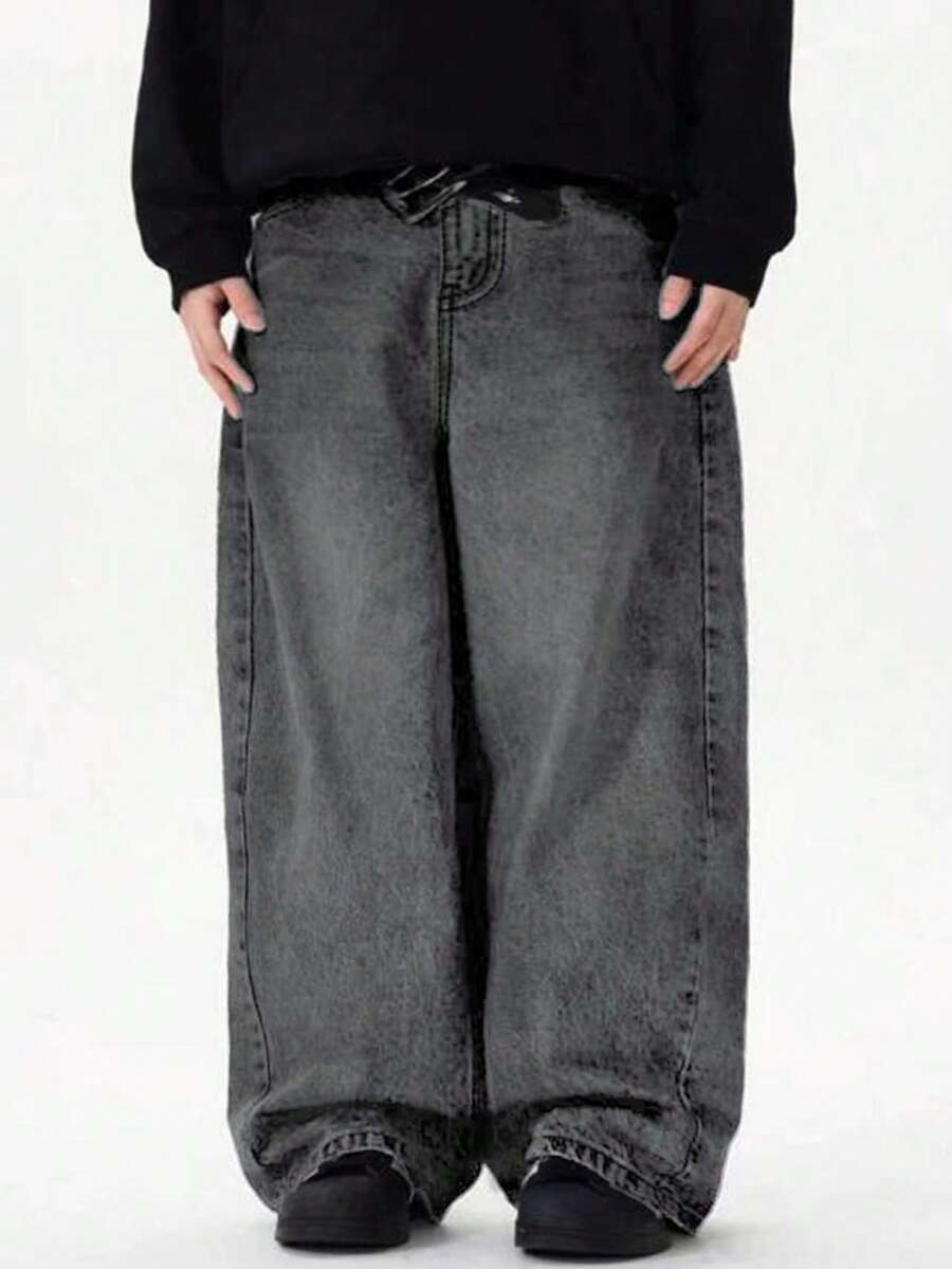 Vintage-gewaschene, locker geschnittene Straight-Leg Herren Jeans - Grau - Übersicht 1