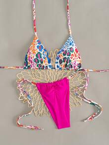 Top y Bottom de bikini con estampado de leopardo, sexy y con cordones en la espalda, traje de baño para vacaciones en la playa en verano - Multicolor - Ver 2
