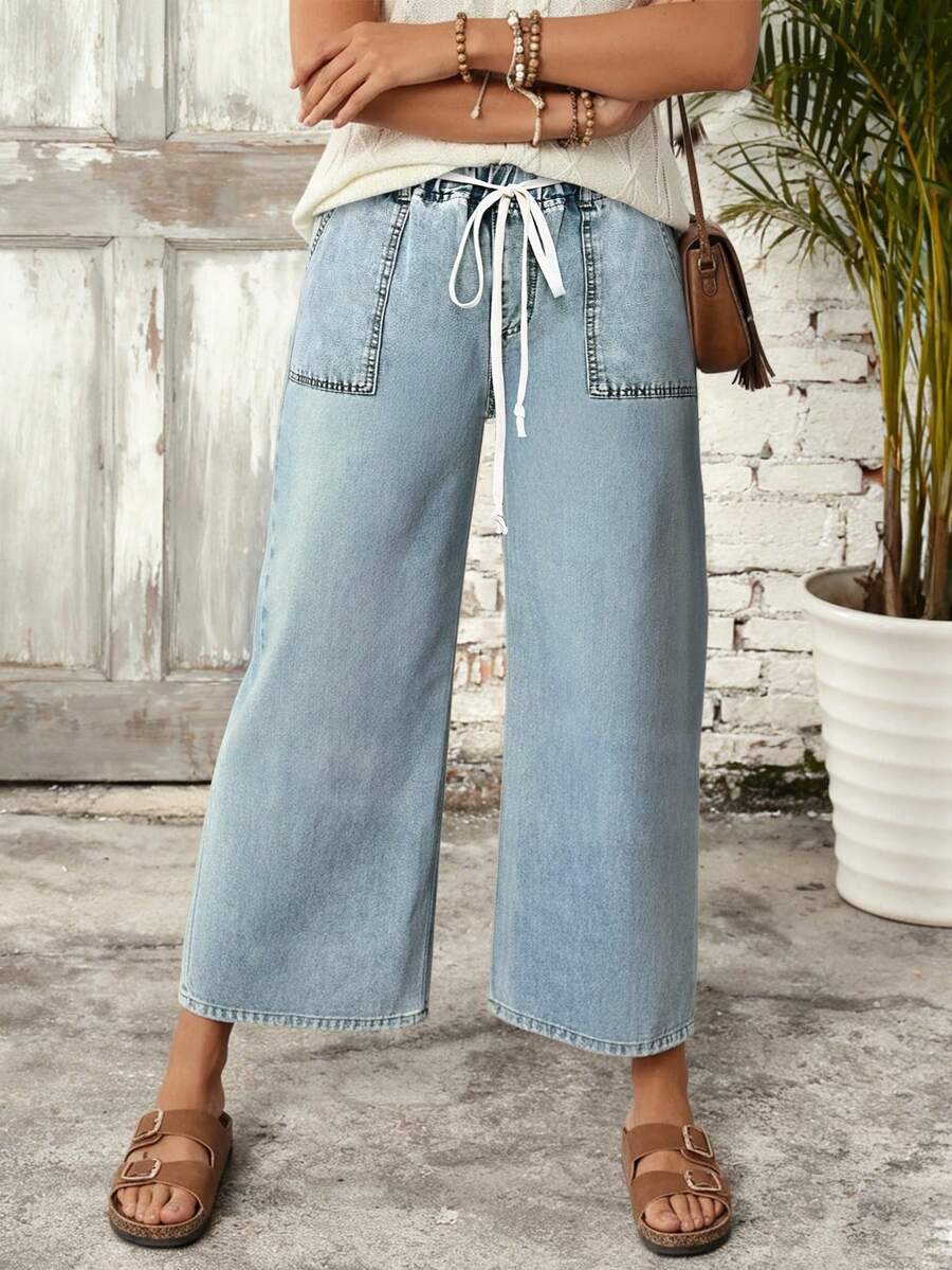 Women's Casual Washed Denim Wide Leg Capri Pants, Drawstring Waist, Pockets, Light Blue, Slightly Stretchy Spring
