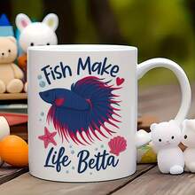 1pc 11oz Fish Make Life Betta Ceramic Mug - Blue & Red Betta Fish (Betta Fish) Design Coffee Tea Cup With Black & Lid-Like Glossy Edges, Microwave & Dishwasher, Aquarium-Themed Fish Lovers, Pet Owners, Birthdays - trắng - Xem 12