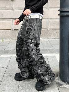 1 pezzo Jeans larghi stile di strada americano uomo, stile casual e comodo, moda casual di alta strada, versatile per tutte le stagioni (cintura e accessori non inclusi) - nero - Visualizzare 4