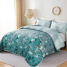 Floral Bed Set for All Seasons - Soft Microfiber with Botanical Leaf and Floral Gradient, 2 Pillowcases - Agua - Ver 2
