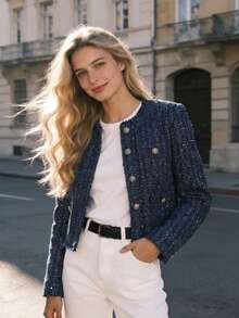GMFP Women's Casual Elegant Fashion Loose Blue French Button Tweed Fringe Short Jacket, Suitable For Summer & Autumn Holiday Season - Blue - View 2