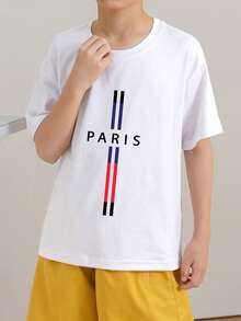 男童及青少年休闲印花圆领短袖T恤，夏季上衣 - 白色 - 查看 2