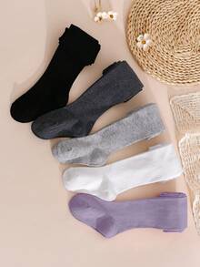 5 أزواج من جوارب بنات ذات لون واحد، حلوة وبسيطة، مناسبة للمدرسة والملابس اليومية، لجميع المواسم، الربيع/الخريف