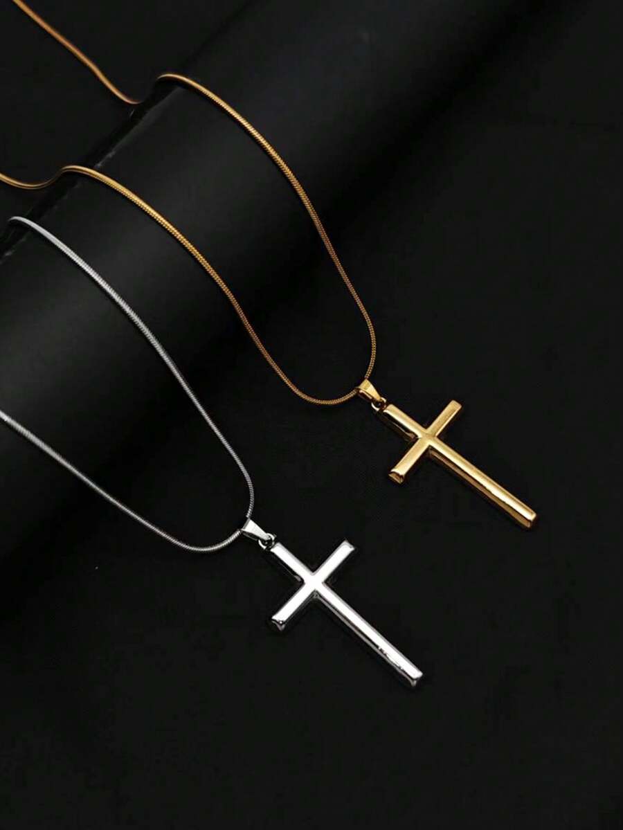 1pc French Fashion 18K Gold Plated Stainless Steel Hydraulic Cross Pendant Necklace, Unique Luxury Design, Versatile Accessory