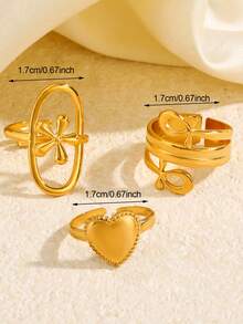 3pcs Minimalist Versatile 18K Gold Plated Stainless Steel Geometric Heart Flower Oval Ring Set, Elegant Fashion Suitable For Women Daily, Festival, Party, Holiday, Date, Gift, Valentine's Day, Luxury Ring Set - Multicolor - View 6
