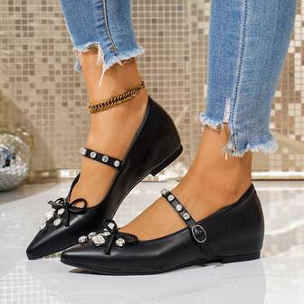 Damskor med vardagslook, enfärgat PU-läder med spänne, rosettdekoration i strass, lämpliga för högtider, kontor, alla årstider