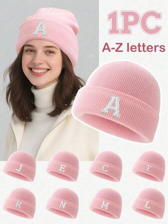1pc A-Z Letter With Faux Pearl Decor Elastic Warm Knit Hat For Women, Outdoor Cold-Proof Hat, Suitable For Autumn/Winter Daily Wear, Suitable As A Gift For Friends