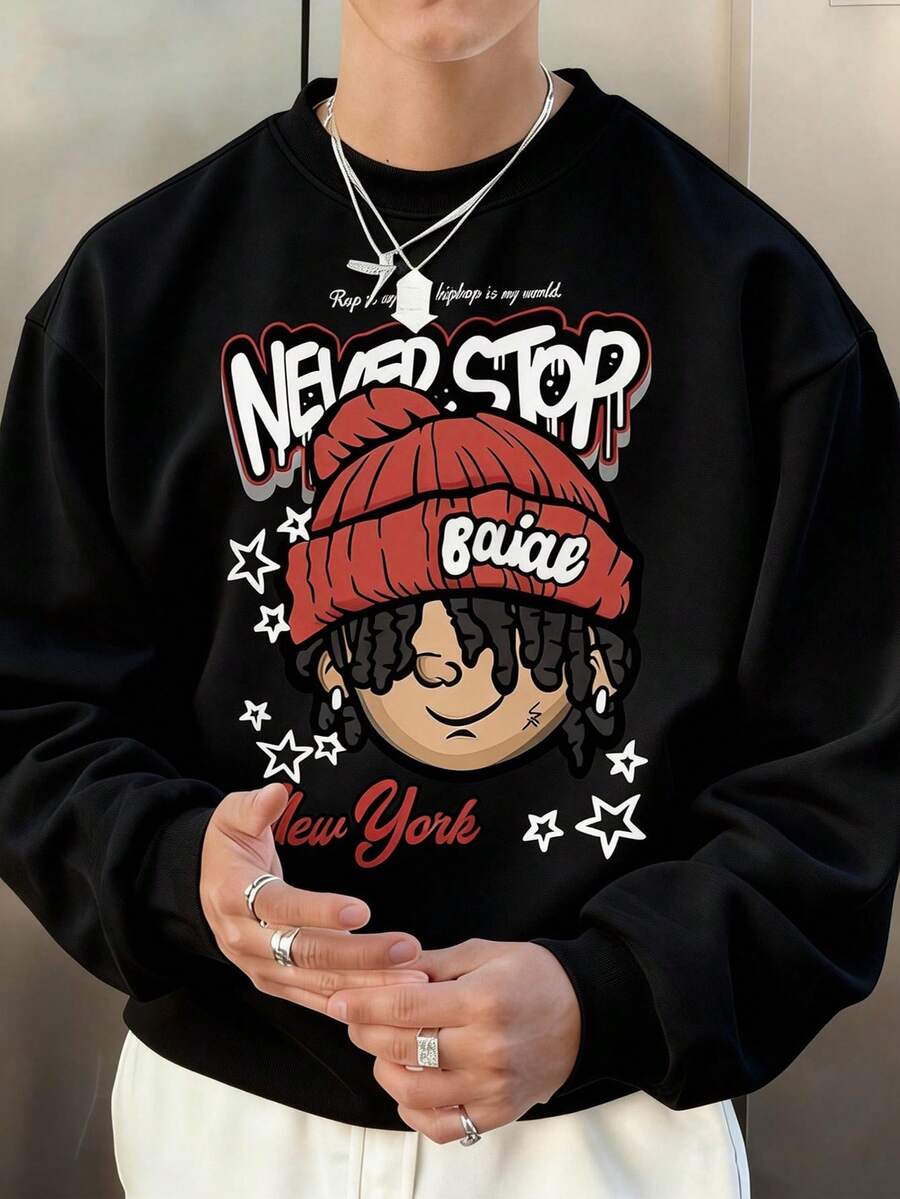 Teen Boys Casual Long Sleeve Y2K Cartoon Portrait Letter Print Graphic Tee Shirts Crew Neck Sweatshirts Pullover Tops For Boy - Black - View 1