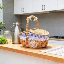 1-Piece Elegant Covered And Handle Oval Wicker Picnic Basket Storage Basket, Suitable For Kitchen Daily Storage, Camping, Outdoor Parties, Etc - 淺藍色 - 查看 3