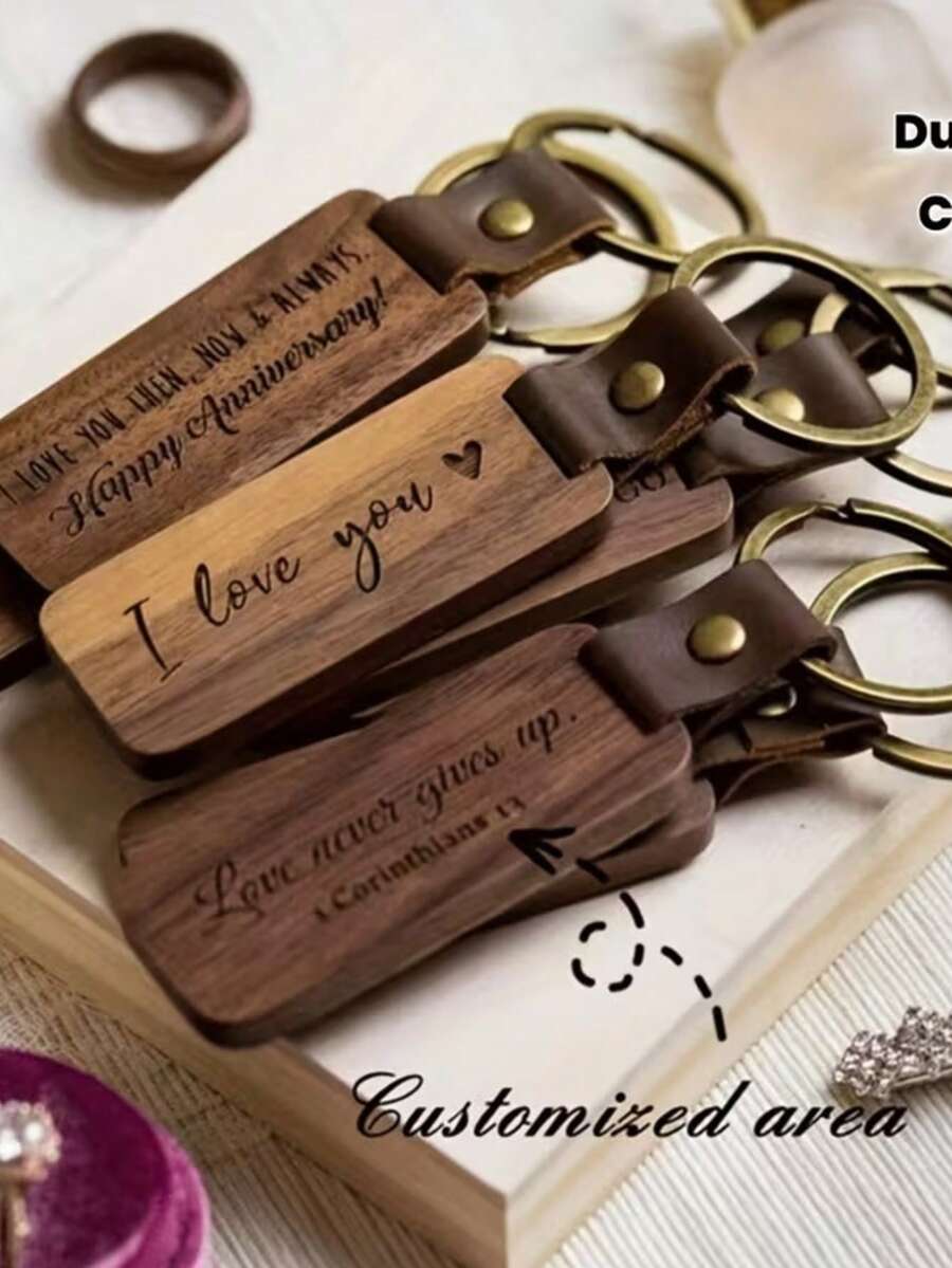 Customized Engraved Wooden Keychain With Faux Leather Strap, Personalized Laser Engraved Gift For Anniversary, Graduation, Father's Day And Special Occasions | Handmade Durable Wooden Metal Ring | Unique Men's Commemorative Gift, Occasion Gift | Casual Style Keychain | Metal Ring Accessory - Multicolor - View 1