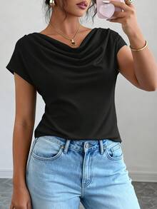 Women's Summer Clothes Tops Dressy Casual Clothing Cowl Neck Short Sleeve Blouses Business Work Office Shirts  Tops For Women - 黑色 - 查看 5