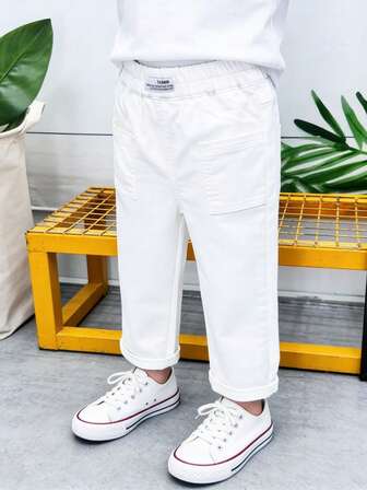 Pantalones rectos informales para niños, blancos, elásticos, de moda y versátiles para niños y niñas, primavera/otoño