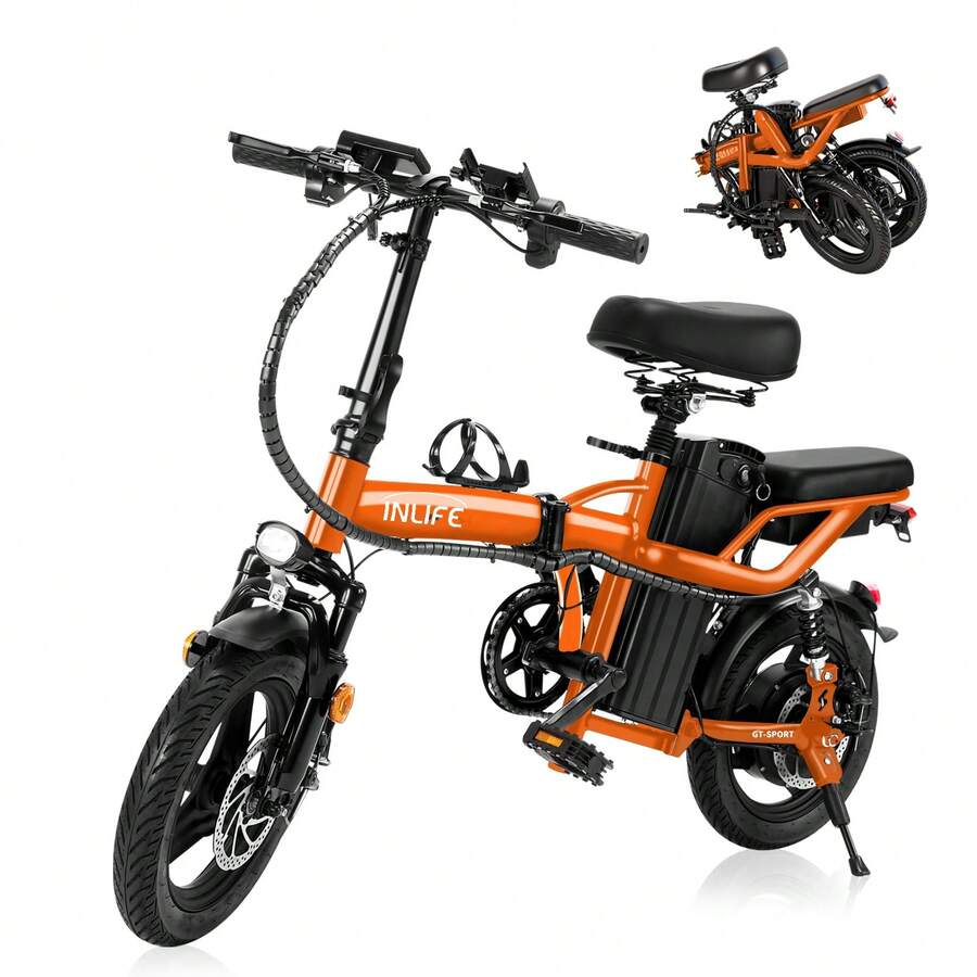 Bicicleta Electrica Adultos, E-Bike Plegable de Montaña con Motor de 500W, 3 Amortiguadores, Batería de Litio con Cobre Puro 48V/15Ah, 38KM/H, Rango de 45-55 km, Frenos de Disco Delanteros y Traseros - Naranja - Ver 1