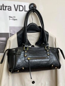 Dedoo Retro-Style Women's Handbag, Underarm Bowling Bag, Large Capacity Commuter Bag, Shoulder Baguette Style, 2025 New Model, Retro-Style Women's Bag With Rivet Design, Zipper And Tassel Charm, Motorcycle Style. - Black - View 6
